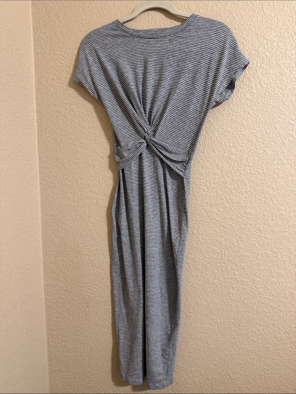 All Saints Striped Twist-Front Midi Dress in Gray and White